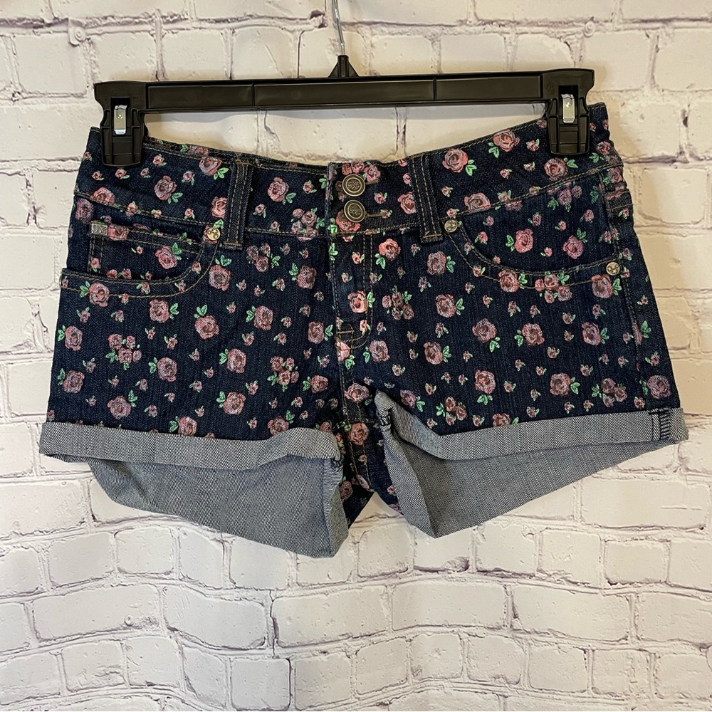 Dark Blue Jean Shorts with Pink/Purple Flowers